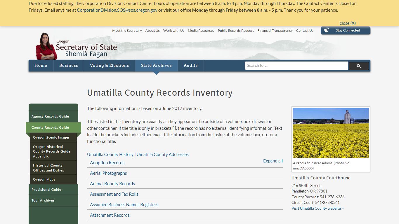 State of Oregon: County Records Guide - Umatilla County Records Inventory